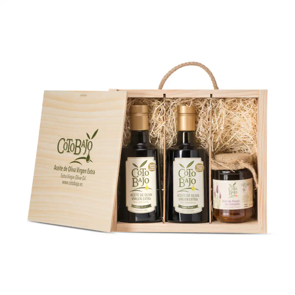 Estuche de madera 2 botellas de aceite de oliva virgen extra Picual y miel de flores