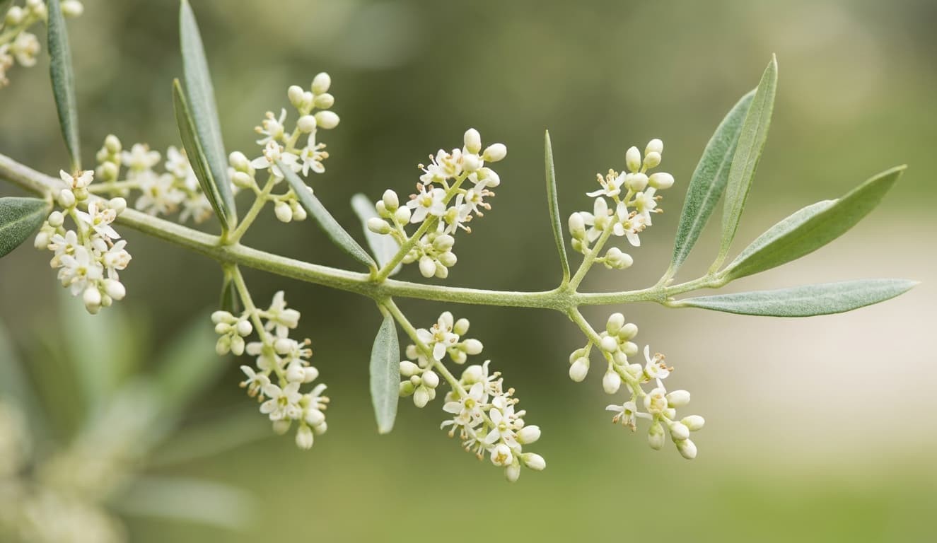 Floración del olivar. Primer plano de la trama del olivo en primavera mostrando los pequeños racimos de flores blancas y botones florales con fondo neutro difuminado.