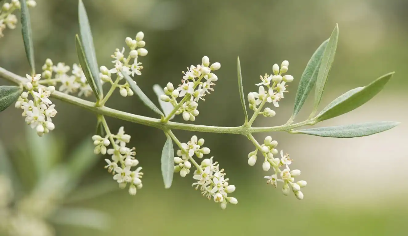 Floración del olivar. Primer plano de la trama del olivo en primavera mostrando los pequeños racimos de flores blancas y botones florales con fondo neutro difuminado.