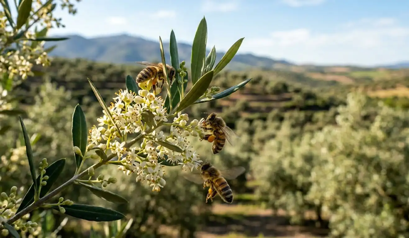 Floración del olivar. Primer plano de flores de olivo blancas en primavera siendo polinizadas por tres abejas en el campo de Coto Bajo.